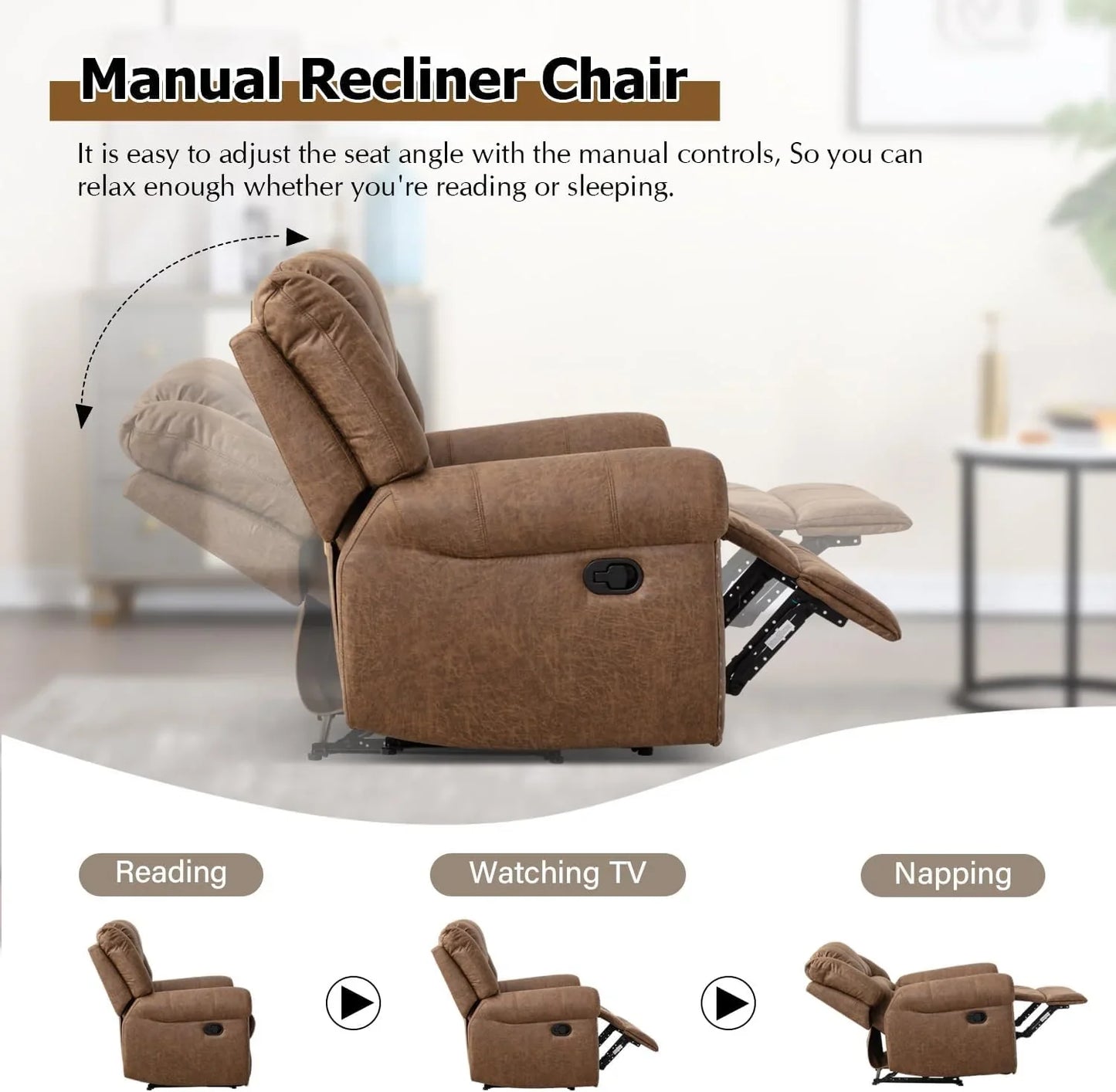 Canmov Leather Recliner Chair, Classic And Traditional Manual Recliner Chair With Comfortable Arms And Back Single Sofa For Living Room, Nut Brown