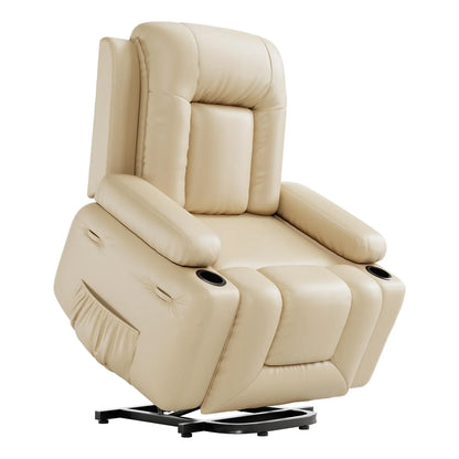 PU Leather Power Lift Recliner Chair With Massage And Heat, Adjustable Furniture For Back, Legs W/3 Positions, USB Port, Side Pocket, Beige