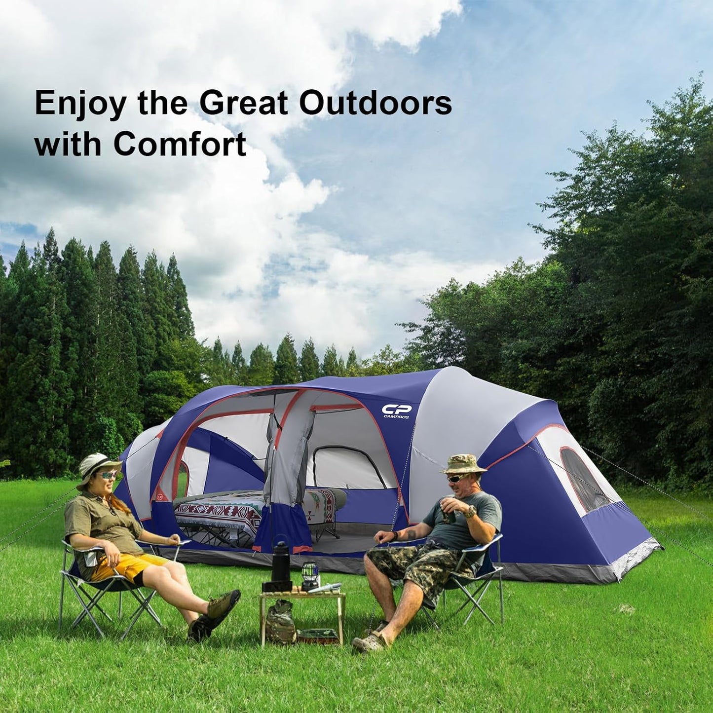 Campros Cp Tent 12-Person-Camping-Tents, 3 Room Family Tents, Waterproof Windproof Family Tent With Top Rainfly, 6 Large Mesh Windows