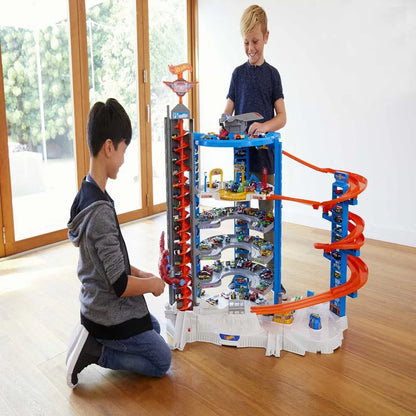 Hot Wheels Track Set With 4 1, 64 Scale Toy Cars, Super Ultimate Garage, Over 3 Ft. Tall