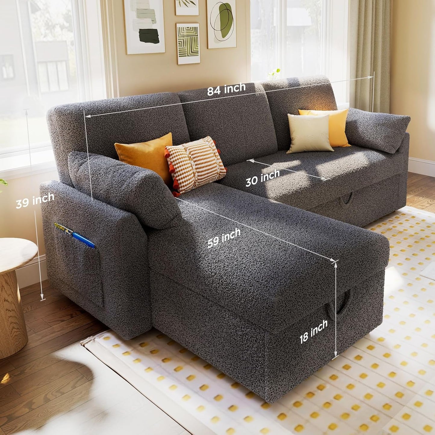 VanAcc Sofa Bed, Sleeper Sofa With Storage Chaise 2-in-1 Pull Out Couch Living Room