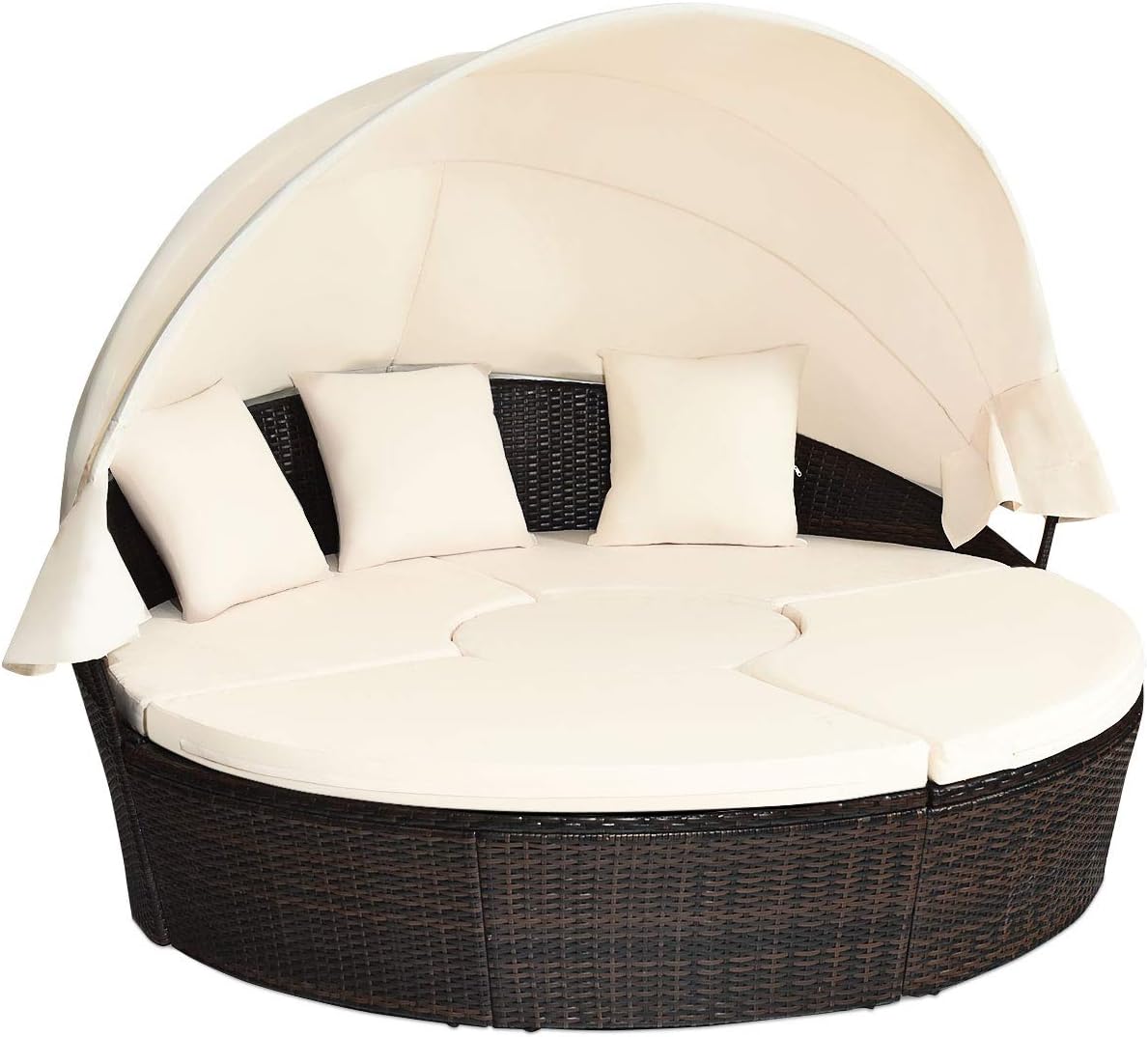 Outdoor Daybed, Rattan Round Daybed With Sunshade Canopy, Patio Set With Cushions And Adjustable Coffee Table, Rattan Patio Furniture