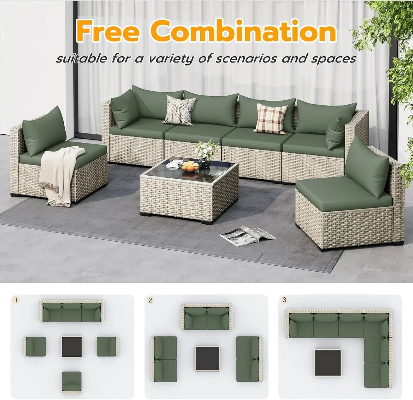 Udpatio Outdoor Patio Furniture Set 7-Piece PE Wicker Sectional Sofa Outdoor Conversation Set
