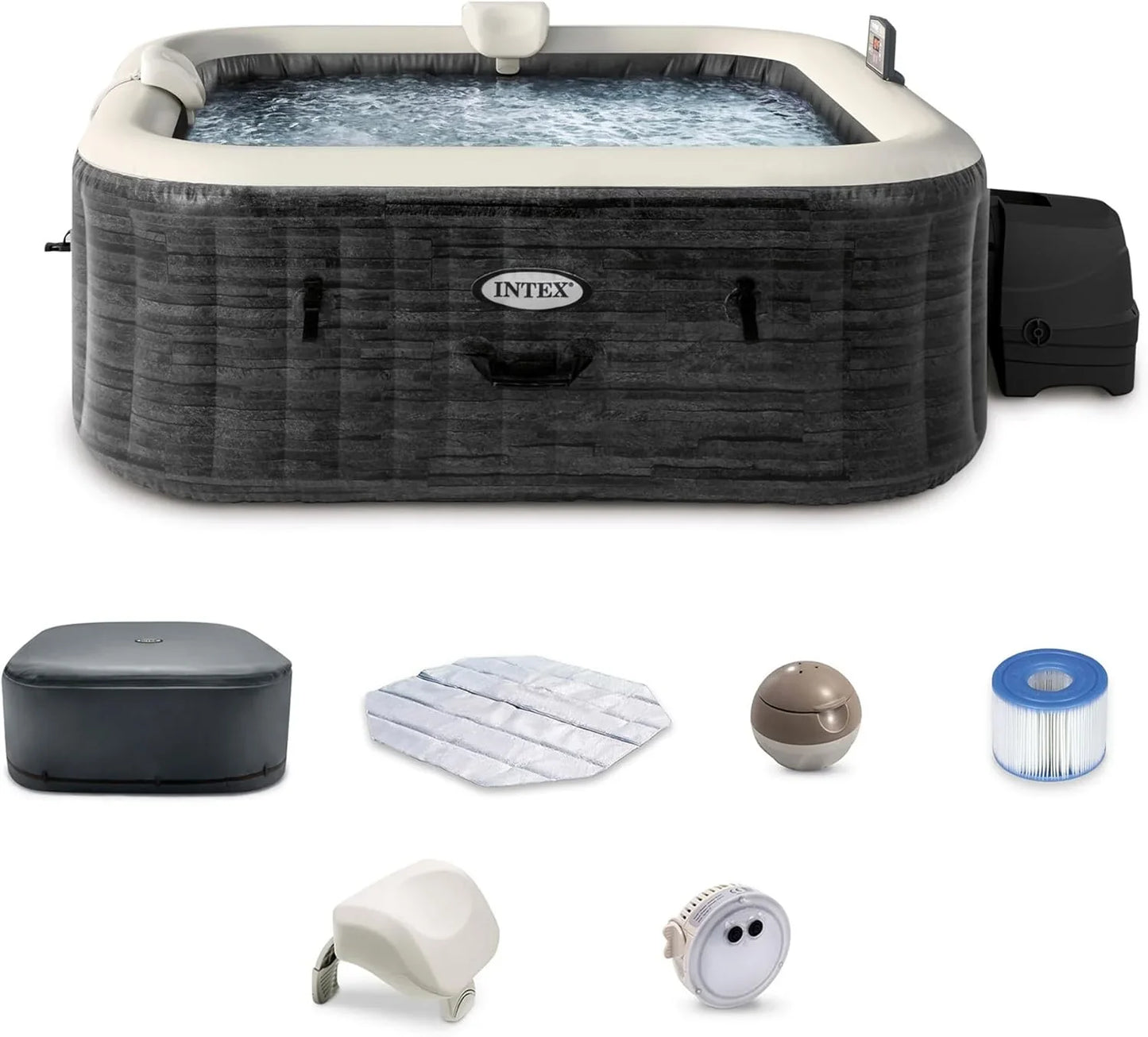 Intex PureSpa Greystone Deluxe 4 Person Square Inflatable Hot Tub, Bubble Massage Spa