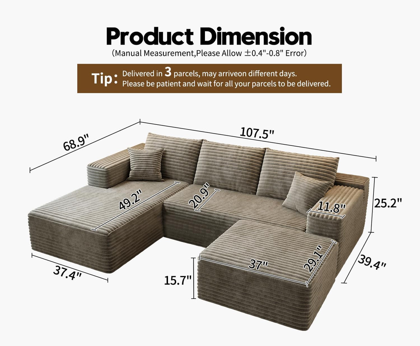 107.5 In. Cloud Modular Sectional Sofa Couch With L-Shape Chaise, Modern Minimalist Upholstered Couches For Living Room Bedroom