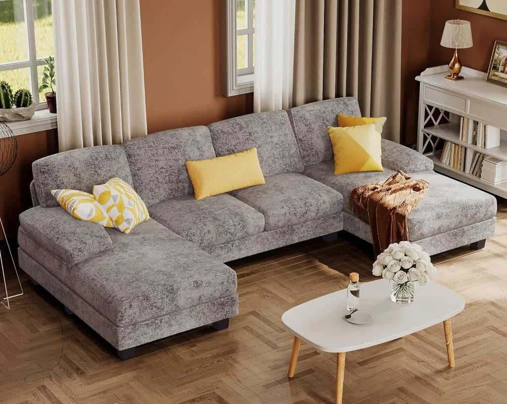 Furmax Sectional Couches For Living Room, U-Shaped Sofa Couch With Linen Fabric, 4 Seat Sofa Set With Double Chaise For Apartment, Fabric, Grey