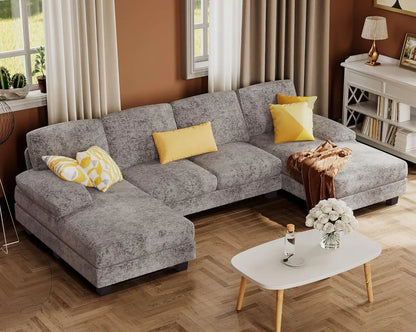 Furmax Sectional Couches For Living Room, U-Shaped Sofa Couch With Linen Fabric, 4 Seat Sofa Set With Double Chaise For Apartment, Fabric, Grey