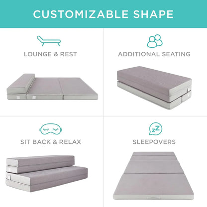 Best Choice Products 4 In. Portable Queen-Size Mattress, Tri-Fold Mattress For Camping, Guest, Toddler, Foam Plush w/Carry Case- Grey