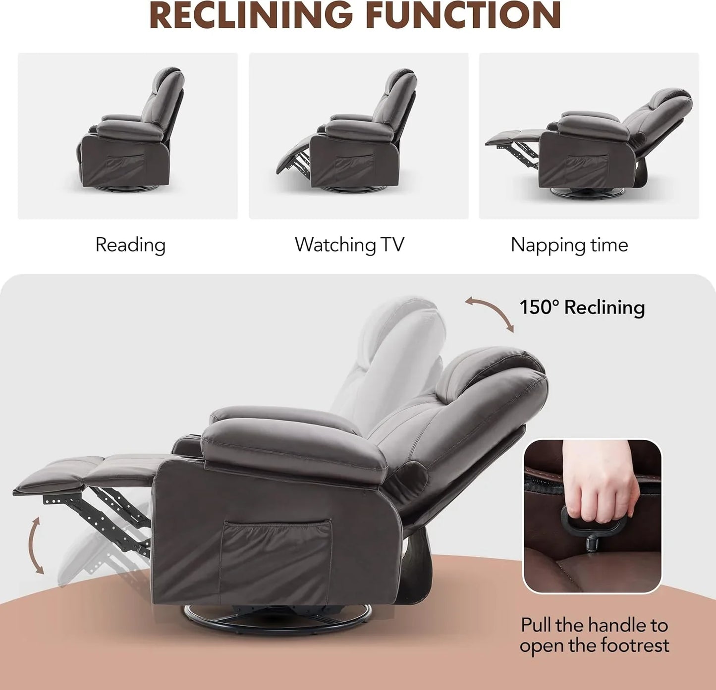 Oversized Swivel Rocker Recliner Chair With Heat And Massage, 360 Degree Swivel Rocking Single Sofa With Cup Holders And USB Port