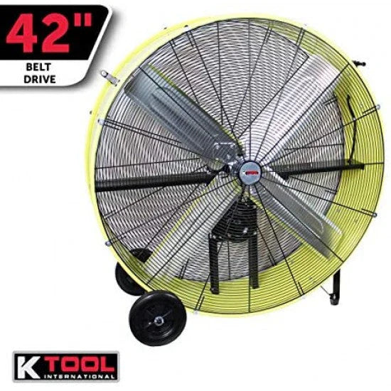 K Tool International 42 In. Belt Drive Drum Fan, Industrial, Garage, Shop, High Speed 2-Speed, Cut-Off Protection, Easy Mobility Rubber Wheels