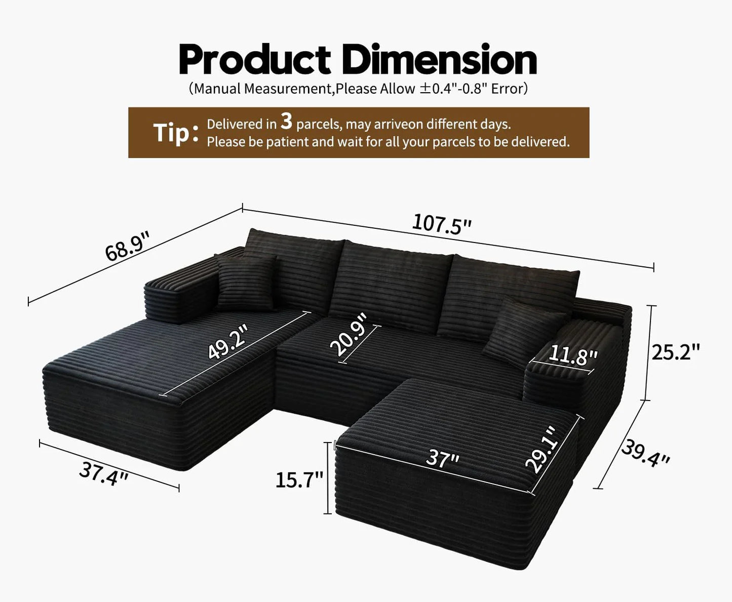 107.5 In. Cloud Modular Sectional Sofa Couch With L-Shape Chaise, Modern Minimalist Upholstered Couches For Living Room Bedroom
