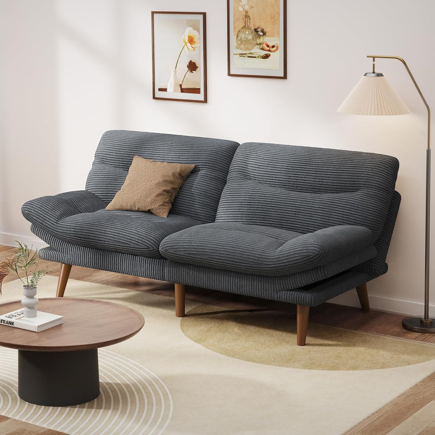 Pipishell Convertible Futon Sofa Bed, 66 In. Corduroy Futon Couch With Adjustable Backrest And Armrests, Recliner Sleeper Sofa For Small Spaces