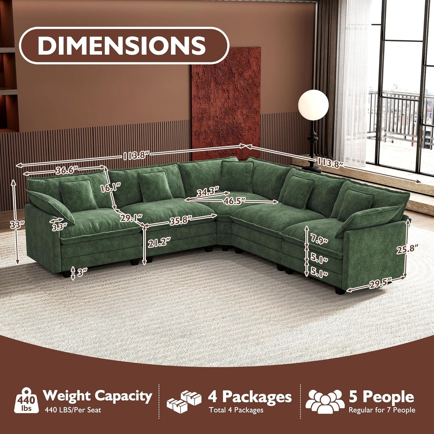 Ihanherry 146 In. U-Shaped Modern Sofa Modular Sectional Cloud Couch With 2 Ottoman
