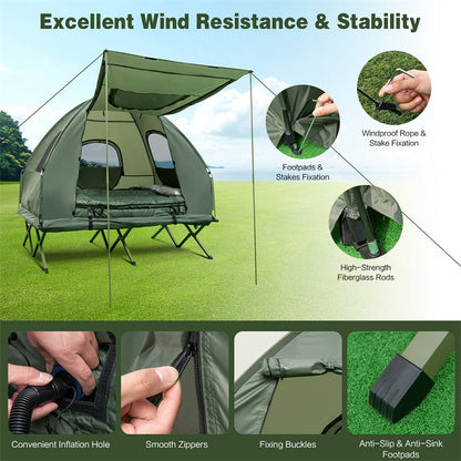 5-in-1 Tent Cot 2-Person Portable Outdoor Camping Tent Combo With Air Mattress Sleeping Bag And Sunshade