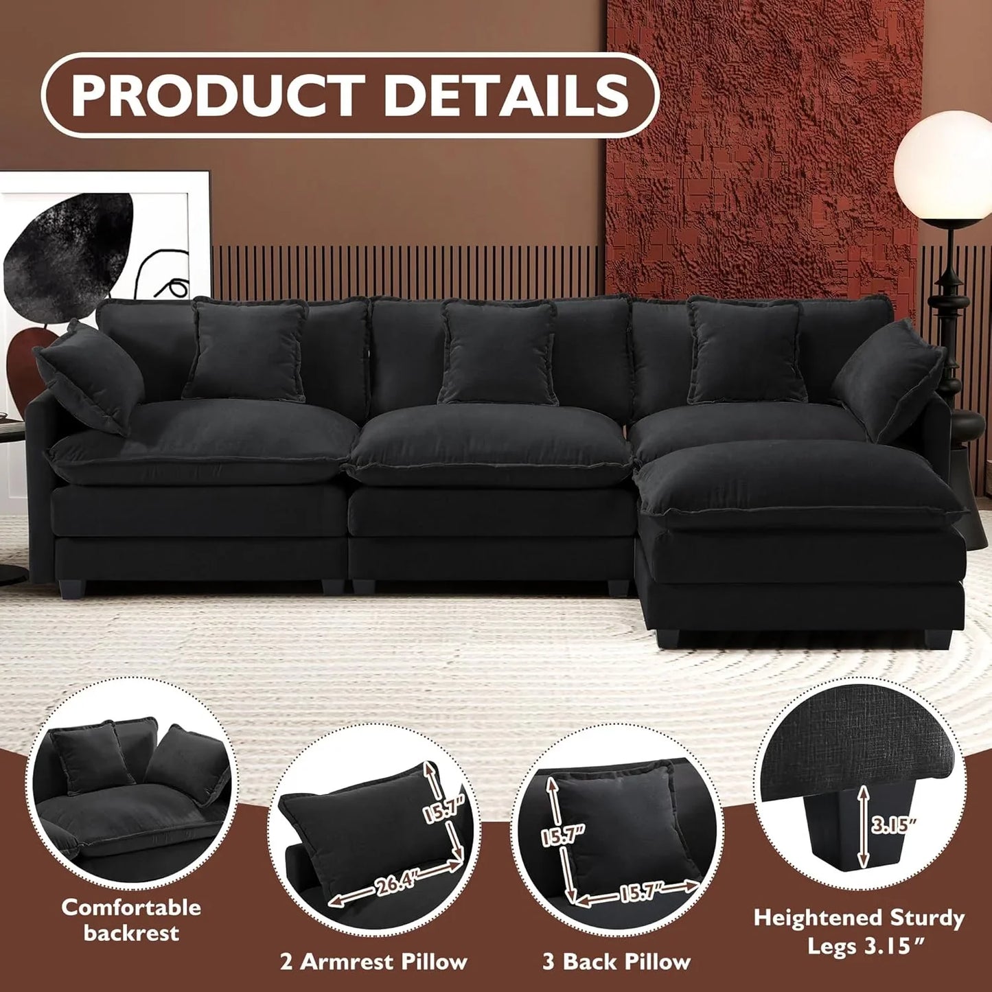 Ihanherry 146 In. U-Shaped Modern Sofa Modular Sectional Cloud Couch With 2 Ottoman