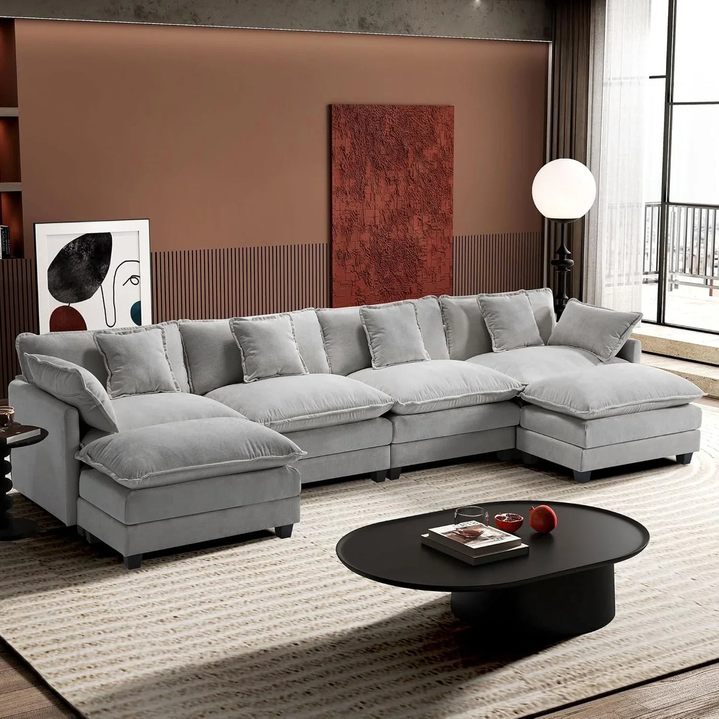 111.4 In. L-Shaped Modern Sofa Modular Cloud Sofa Ottoman 4-Seater Chenille Deep Seat Sofa
