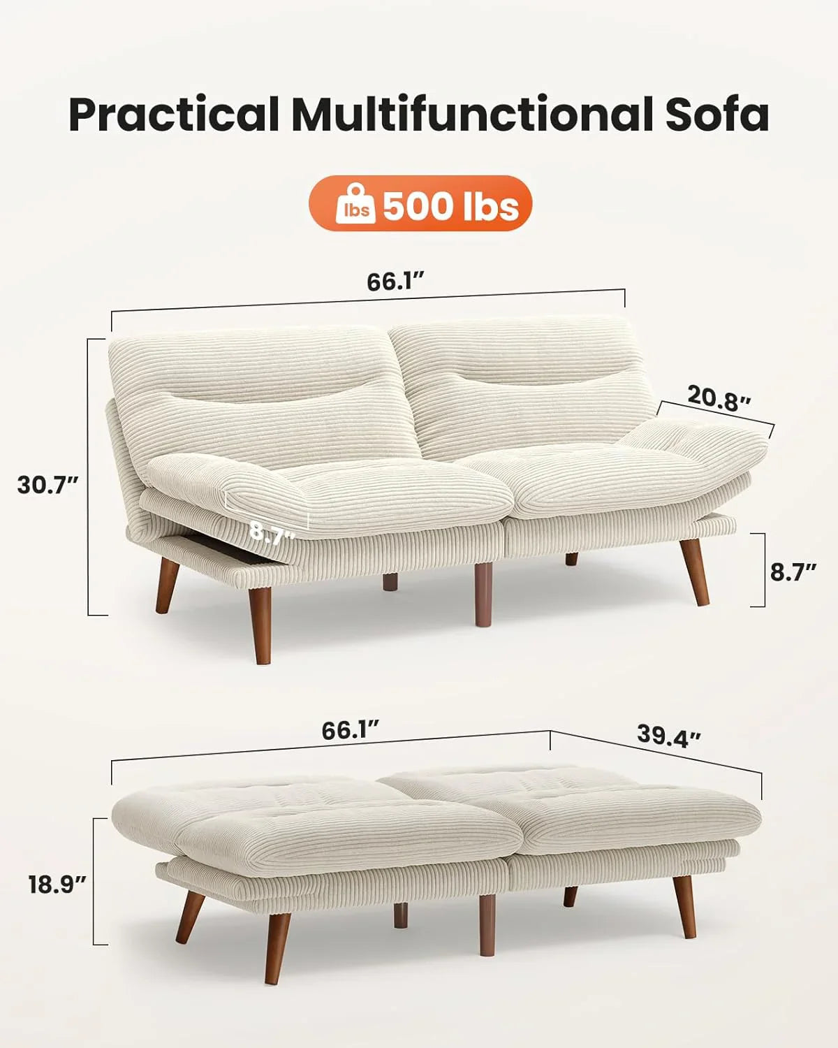 Pipishell Convertible Futon Sofa Bed, 66 In. Corduroy Futon Couch With Adjustable Backrest And Armrests, Recliner Sleeper Sofa For Small Spaces
