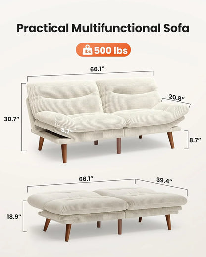 Pipishell Convertible Futon Sofa Bed, 66 In. Corduroy Futon Couch With Adjustable Backrest And Armrests, Recliner Sleeper Sofa For Small Spaces