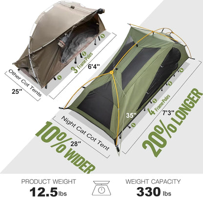 Night Cat Camping Cot Tent- Waterproof 1-Person Off-Ground Combo Cot Bed For Adults Portable Easy Set-Up Tent