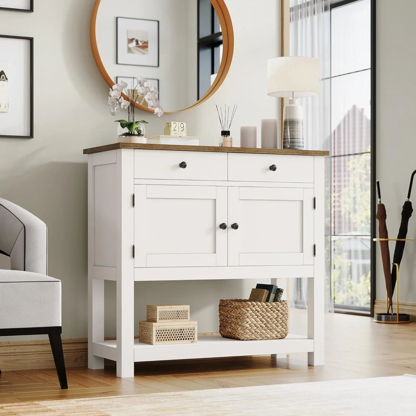 Hostack Farmhouse Console Table With 2-Door Cabinet And 2 Drawers, Coffee Bar, Entryway Table With Storage Shelf