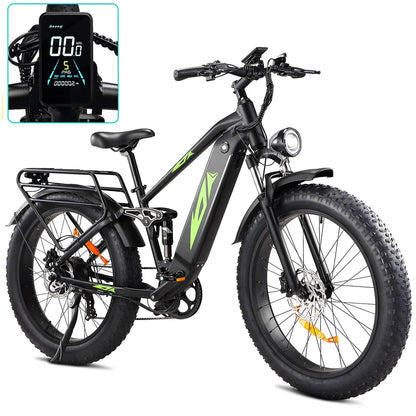 Electric Bike For Adults 1000W, 48V 17.5Ah Battery Adult Electric Bicycles, 26 Fat Tire Full Suspension Ebike, 28MPH Mountain Beach E Bike
