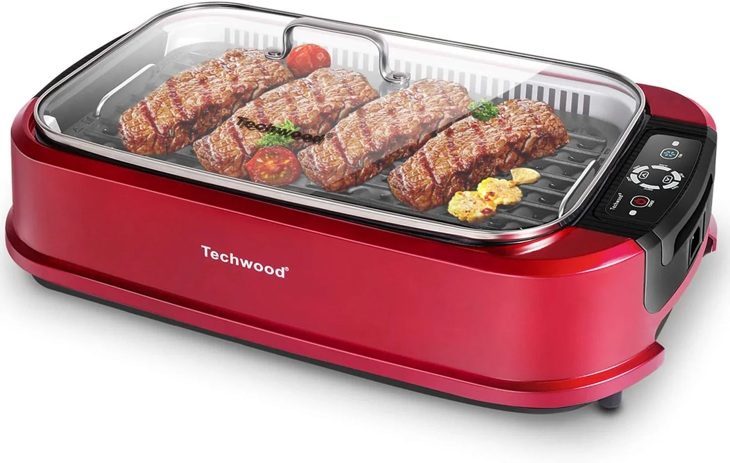 Indoor Grill, Techwood 1500W Smokeless Electric Grill With Tempered Glass Lid, Compact And Portable Non-Stick Bbq Grill With 6-Level Control