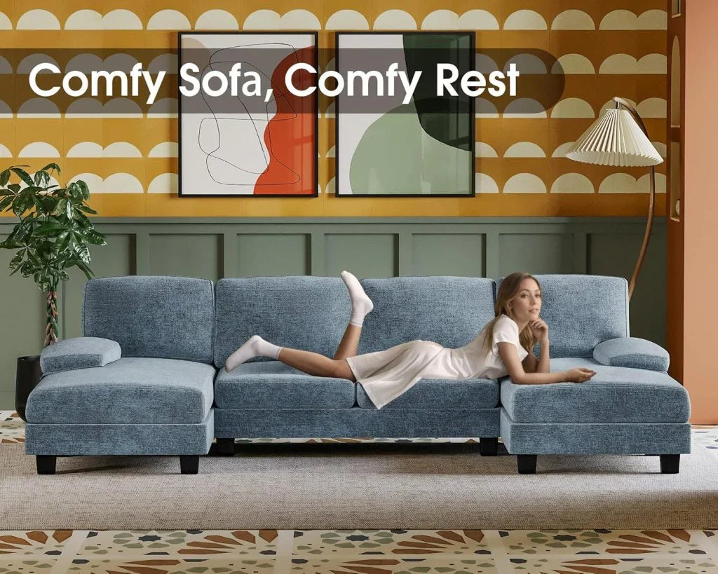 Furmax Sectional Couches For Living Room, U-Shaped Sofa Couch With Linen Fabric, 4 Seat Sofa Set With Double Chaise For Apartment, Fabric, Grey