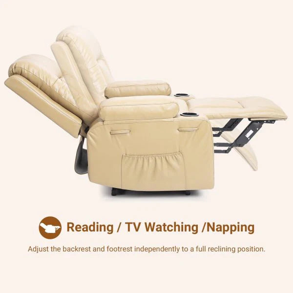PU Leather Power Lift Recliner Chair With Massage And Heat, Adjustable Furniture For Back, Legs W/3 Positions, USB Port, Side Pocket, Beige