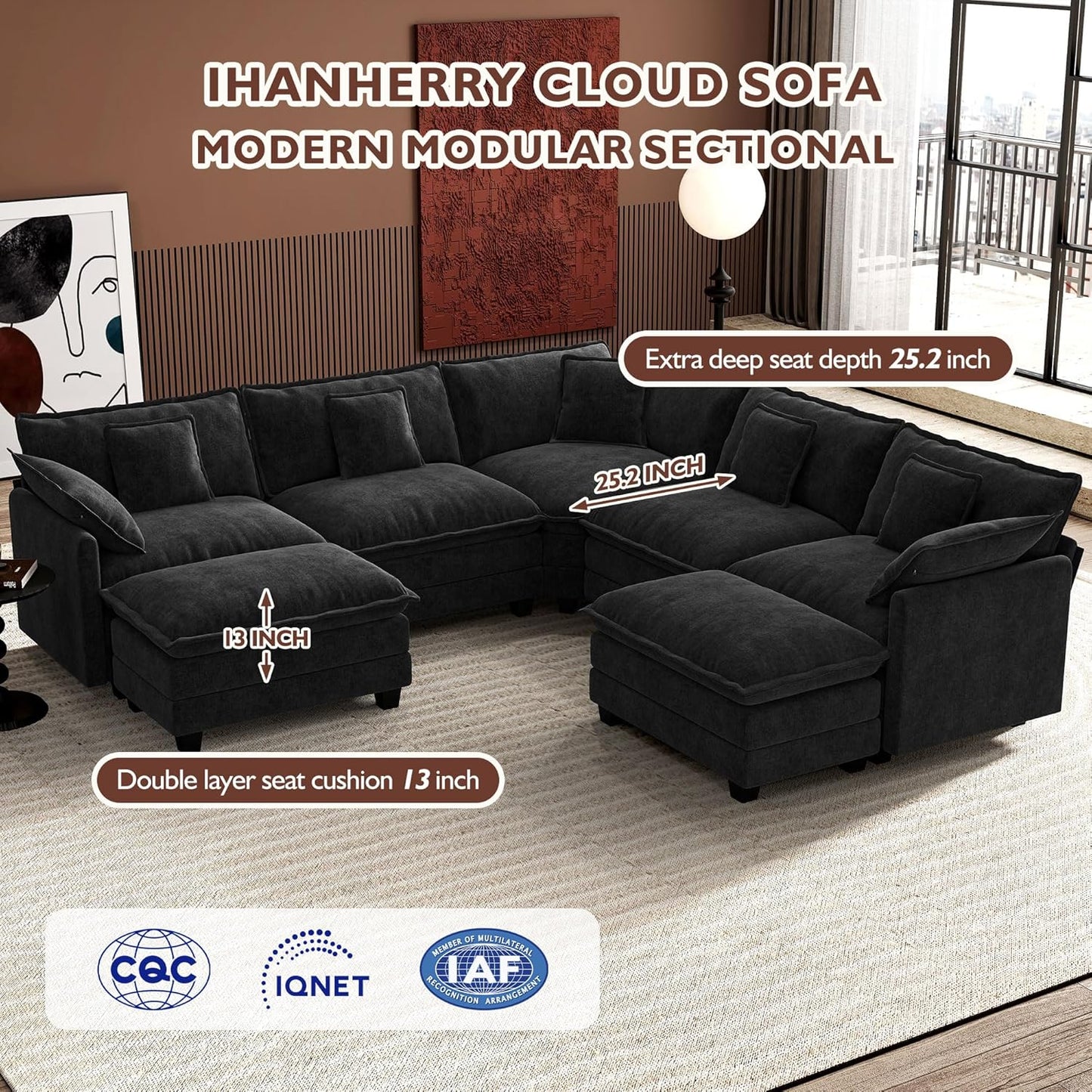 Ihanherry 146 In. U-Shaped Modern Sofa Modular Sectional Cloud Couch With 2 Ottoman