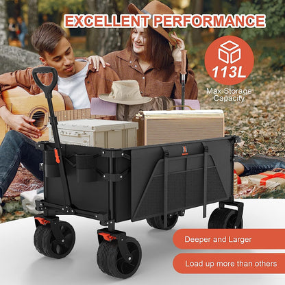 Navatiee Collapsible Folding Wagon Beach Wagon Cart Heavy Duty Foldable With Big Wheels Utility Grocery Wagon With Side Pocket And Brakes For