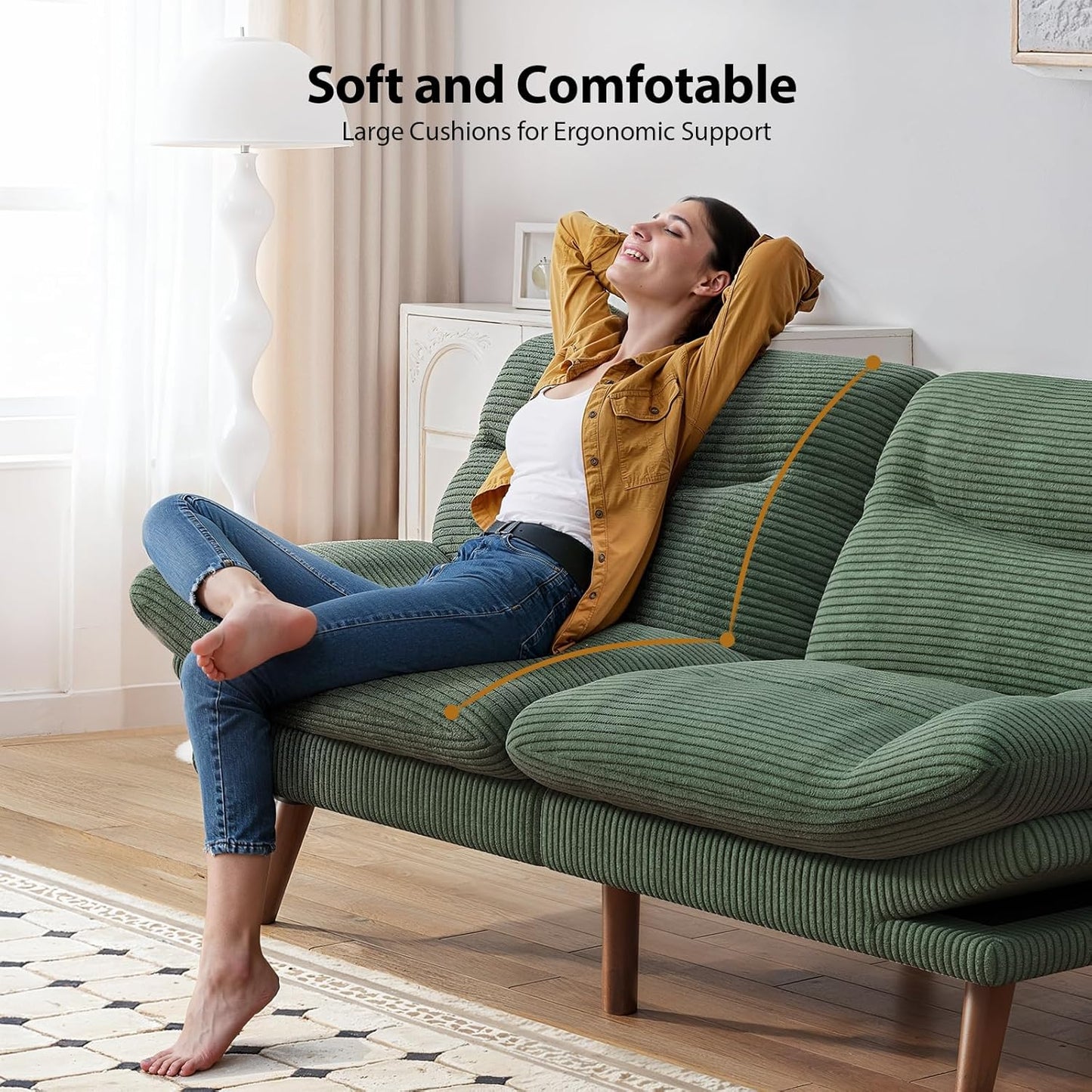 Pipishell Convertible Futon Sofa Bed, 66 In. Corduroy Futon Couch With Adjustable Backrest And Armrests, Recliner Sleeper Sofa For Small Spaces