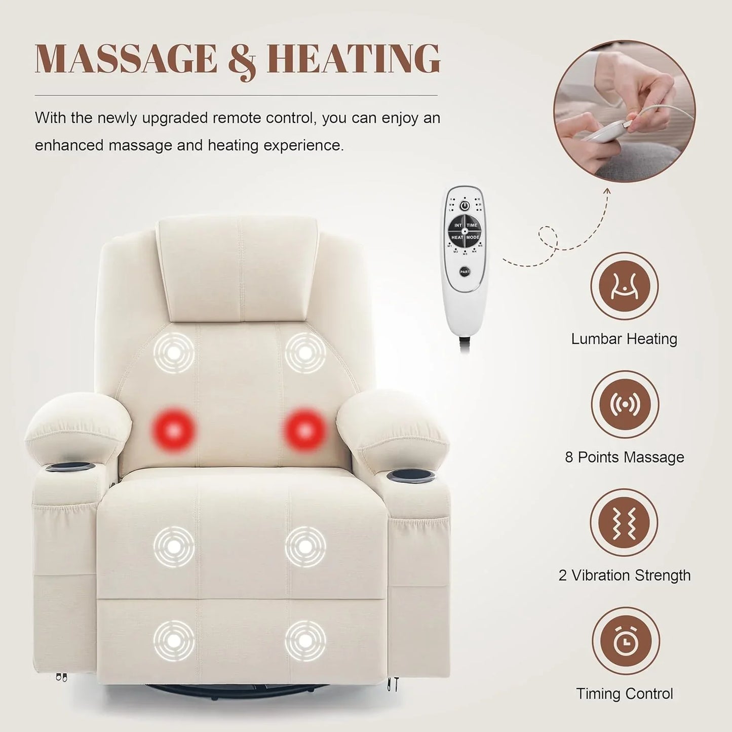 Oversized Swivel Rocker Recliner Chair With Heat And Massage, 360 Degree Swivel Rocking Single Sofa With Cup Holders And USB Port