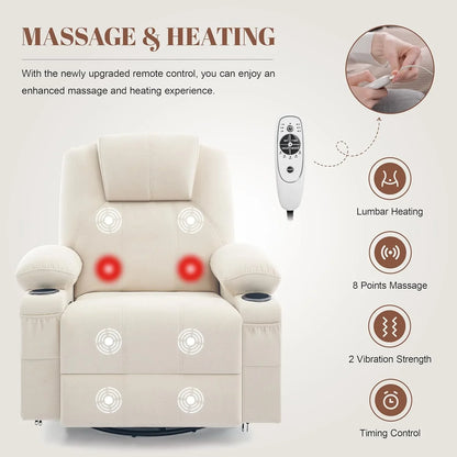 Oversized Swivel Rocker Recliner Chair With Heat And Massage, 360 Degree Swivel Rocking Single Sofa With Cup Holders And USB Port