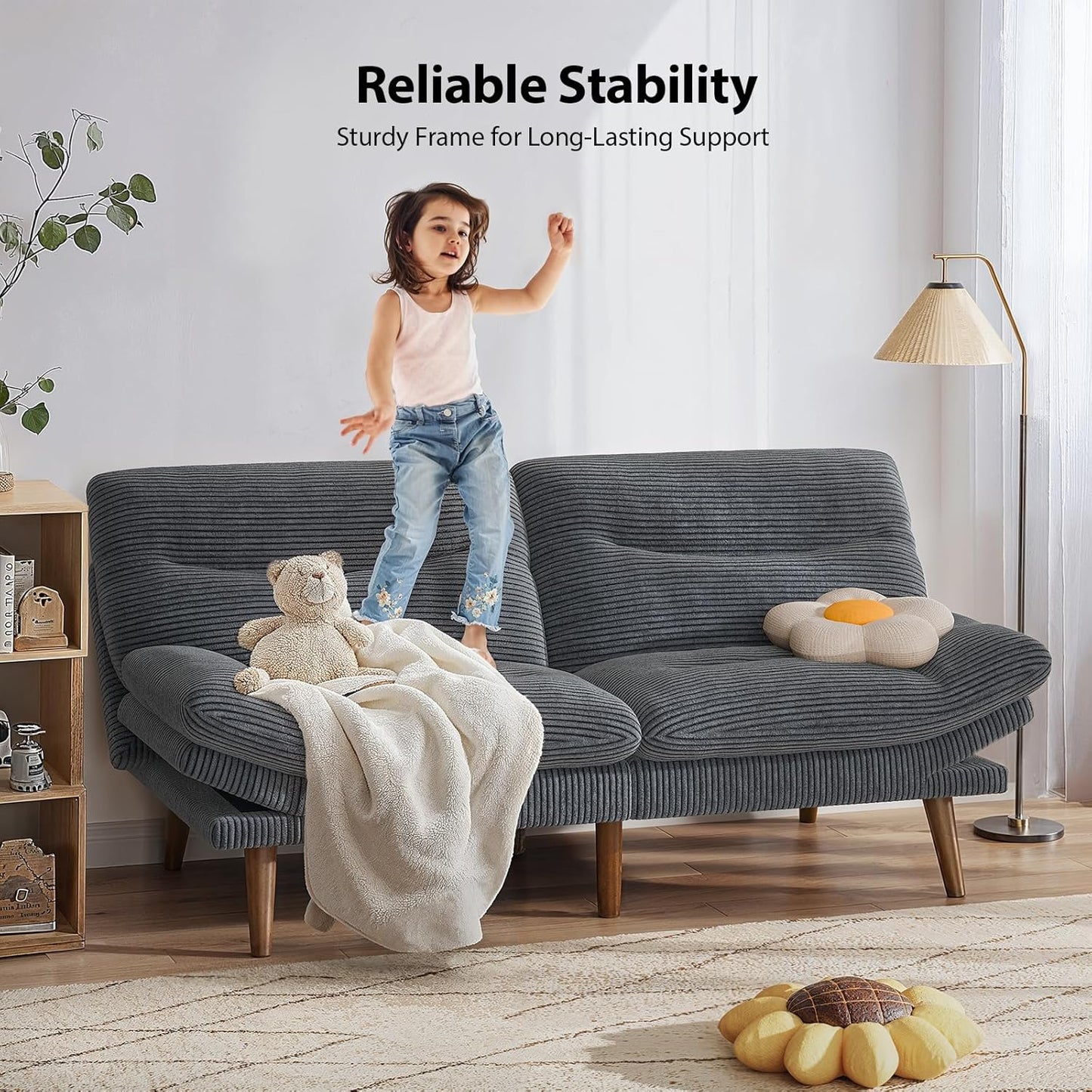 Pipishell Convertible Futon Sofa Bed, 66 In. Corduroy Futon Couch With Adjustable Backrest And Armrests, Recliner Sleeper Sofa For Small Spaces