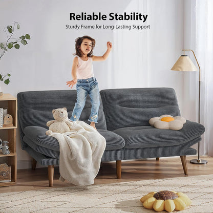 Pipishell Convertible Futon Sofa Bed, 66 In. Corduroy Futon Couch With Adjustable Backrest And Armrests, Recliner Sleeper Sofa For Small Spaces