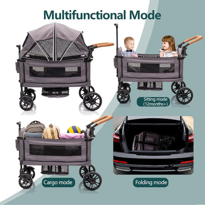 Wagon Stroller For 2 Kids And Cargo-Travel Stroller Push-Pull Double Wagon Lightweight Folding Stroller For Newborn And Toddler With 5-Point