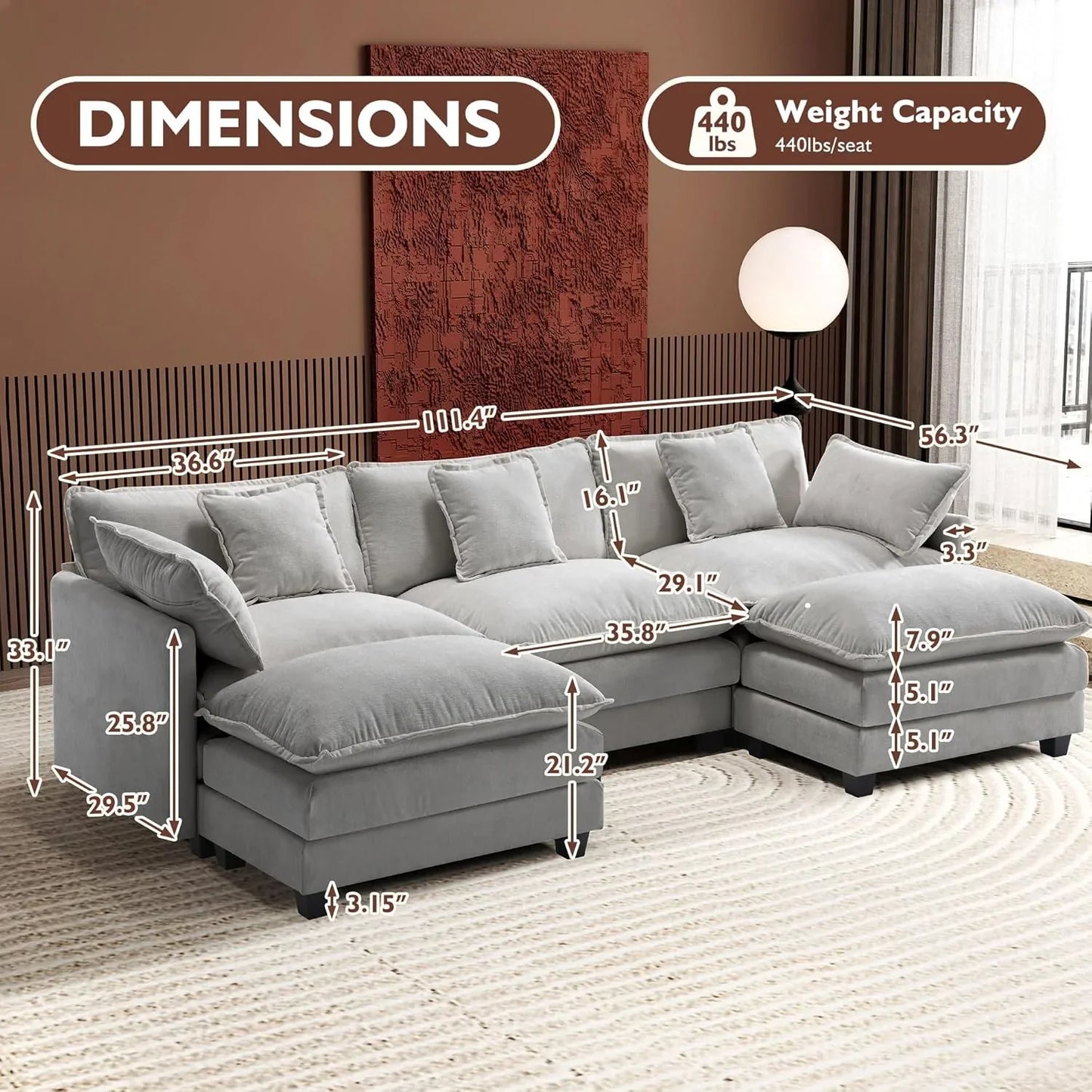 Ihanherry 146 In. U-Shaped Modern Sofa Modular Sectional Cloud Couch With 2 Ottoman
