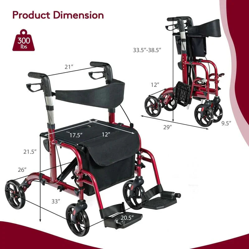 2-in-1 Rollator Walker Wheelchair Folding Medical Walker Aluminum Transport Chair Mobility Walking Aid- Comfortable And Ergonomic Design