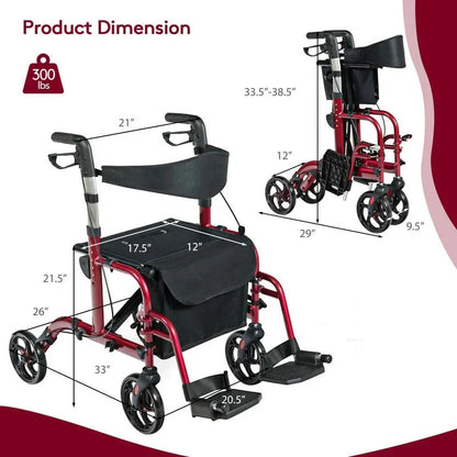 2-in-1 Rollator Walker Wheelchair Folding Medical Walker Aluminum Transport Chair Mobility Walking Aid- Comfortable And Ergonomic Design
