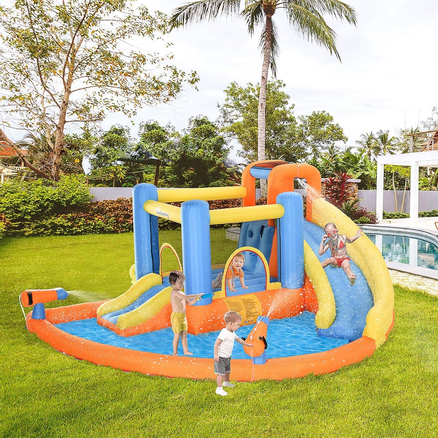 Kids Inflatable Water Slide 5-in-1 Bounce House Water Park Jumping Castle With Water Pool, Slide, Climbing Walls, And 2 Water Cannons, 450W Air Blower