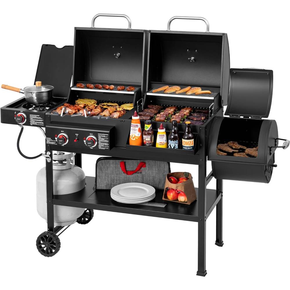 2-Burner Gas And Charcoal Combo Grill With Smoker And Side Burner, 34,000 BTU, 1020 Sq. In., Black
