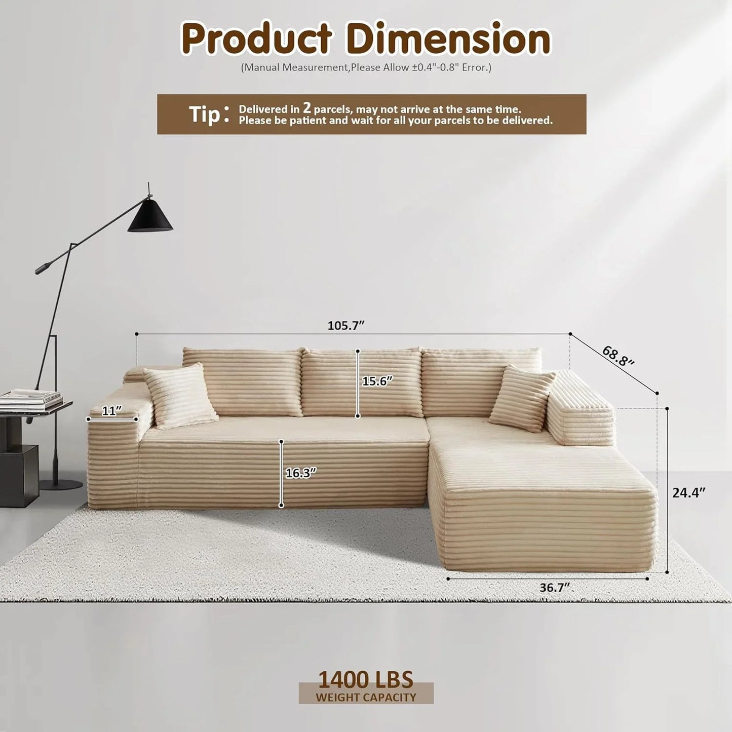 Ovios 104 In. Cloud Sectional Couch With L-Shape Chaise, Modern Modular Sofa With Deep Seat, Upholstered Couches For Living Room Bedroom