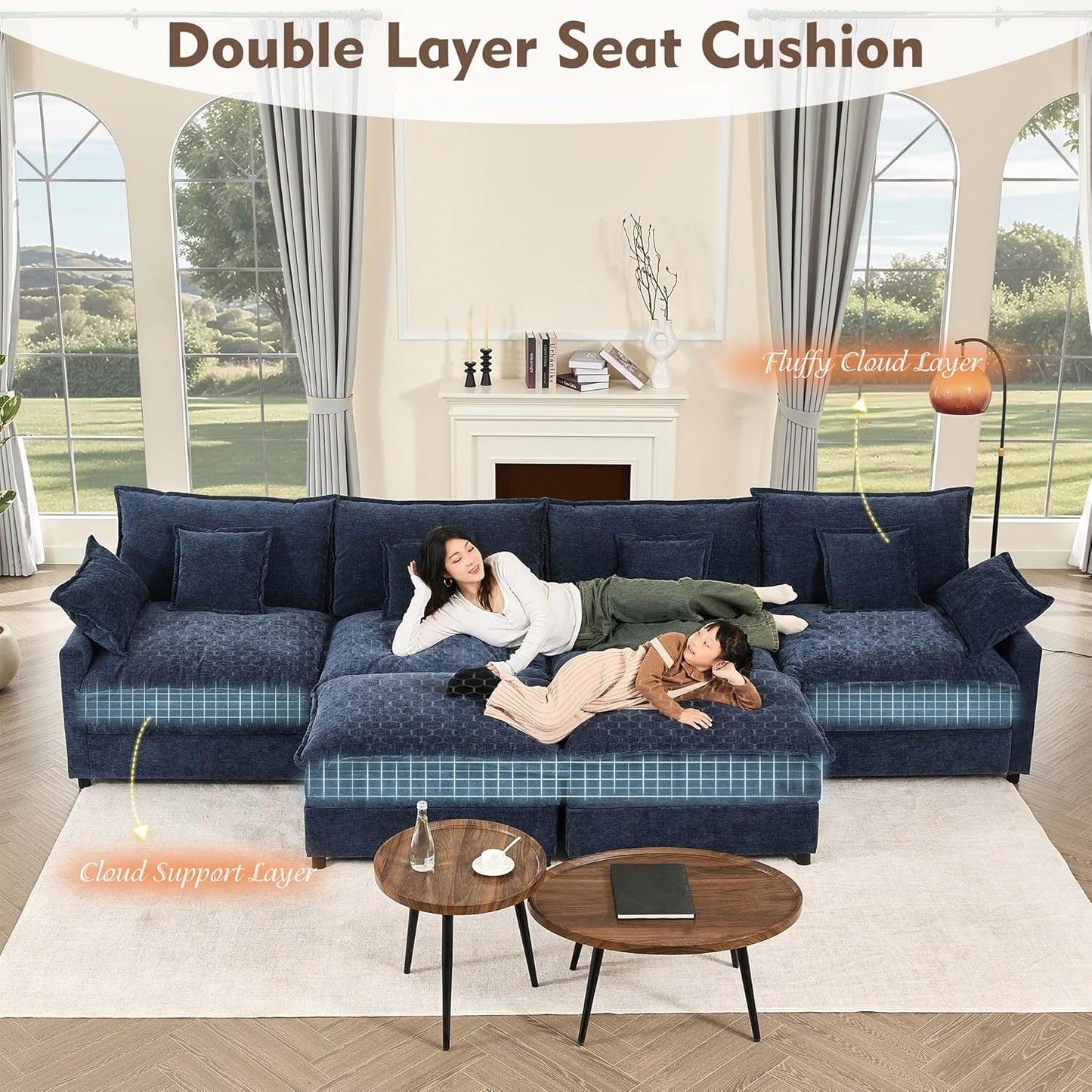 108 In. U Shape Sofa Sectional Sofa Comfortable Cloud Sofa With Removable Footstool