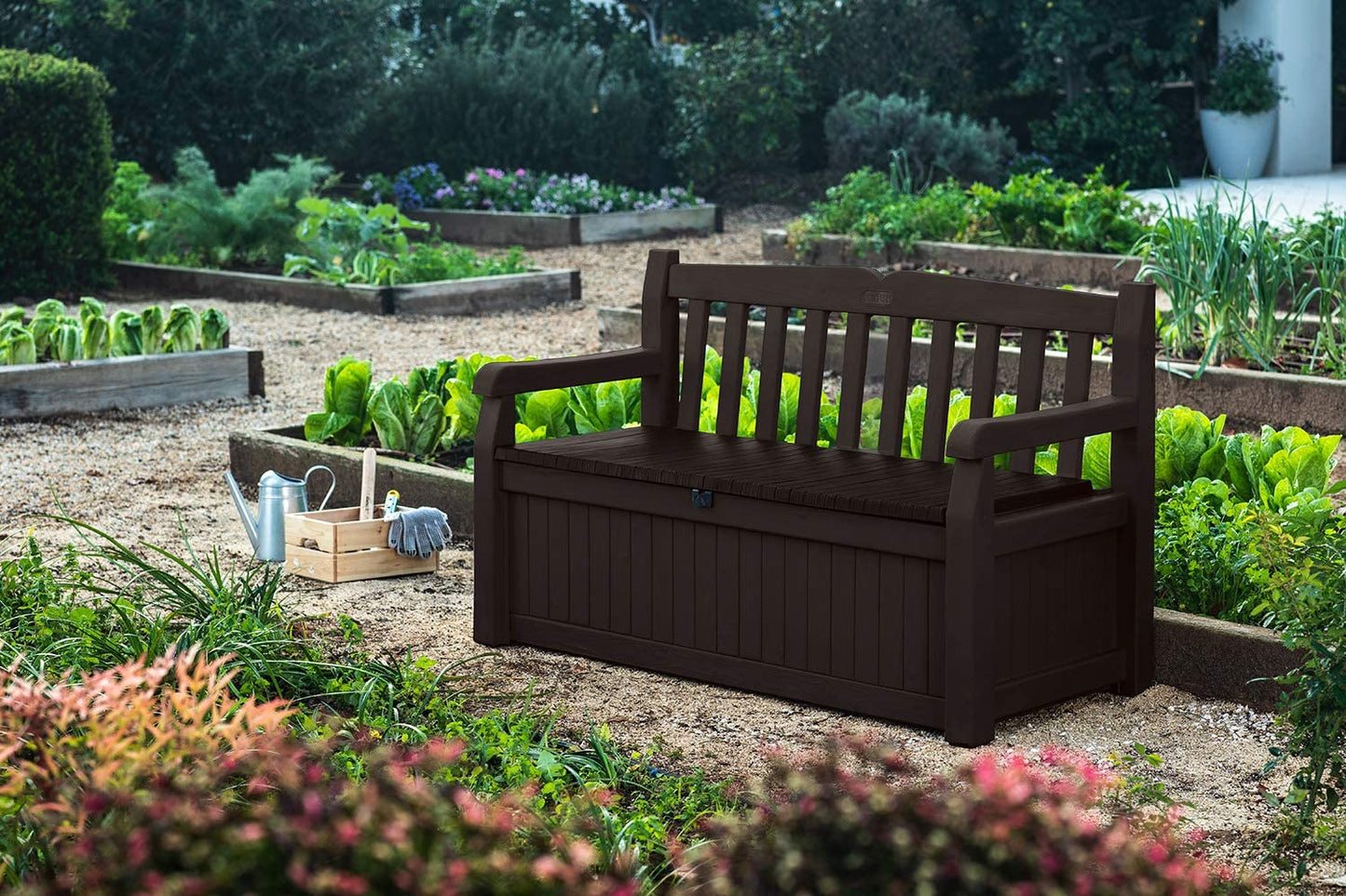 Keter Solana 70 Gallon Storage Bench Deck Box For Patio Furniture, Front Porch Decor And Outdoor Seating