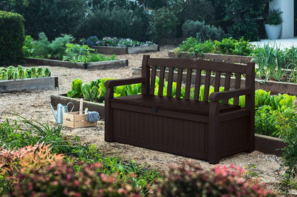 Keter Solana 70 Gallon Storage Bench Deck Box For Patio Furniture, Front Porch Decor And Outdoor Seating
