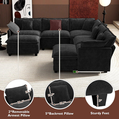 Ihanherry 146 In. U-Shaped Modern Sofa Modular Sectional Cloud Couch With 2 Ottoman