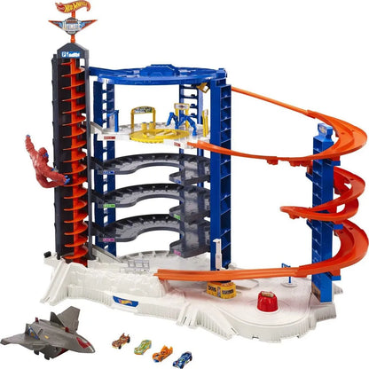 Hot Wheels Track Set With 4 1, 64 Scale Toy Cars, Super Ultimate Garage, Over 3 Ft. Tall
