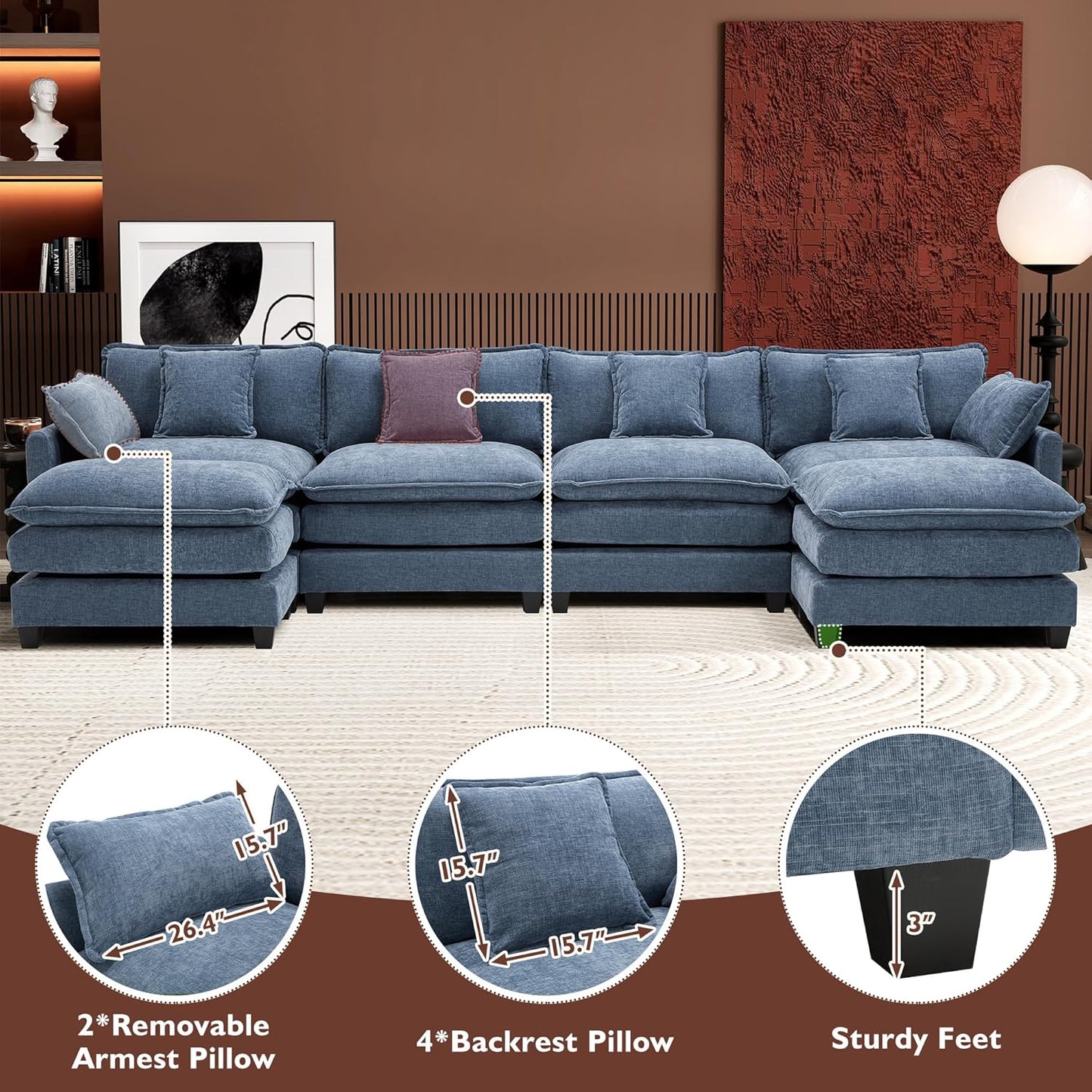 111.4 In. L-Shaped Modern Sofa Modular Cloud Sofa Ottoman 4-Seater Chenille Deep Seat Sofa