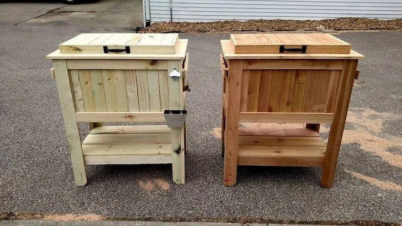 All Weather 48 Quart Antiqued Cedar Cooler Stand With Brass Drain, Bottle Opener And Cap Catcher, Beer Cooler