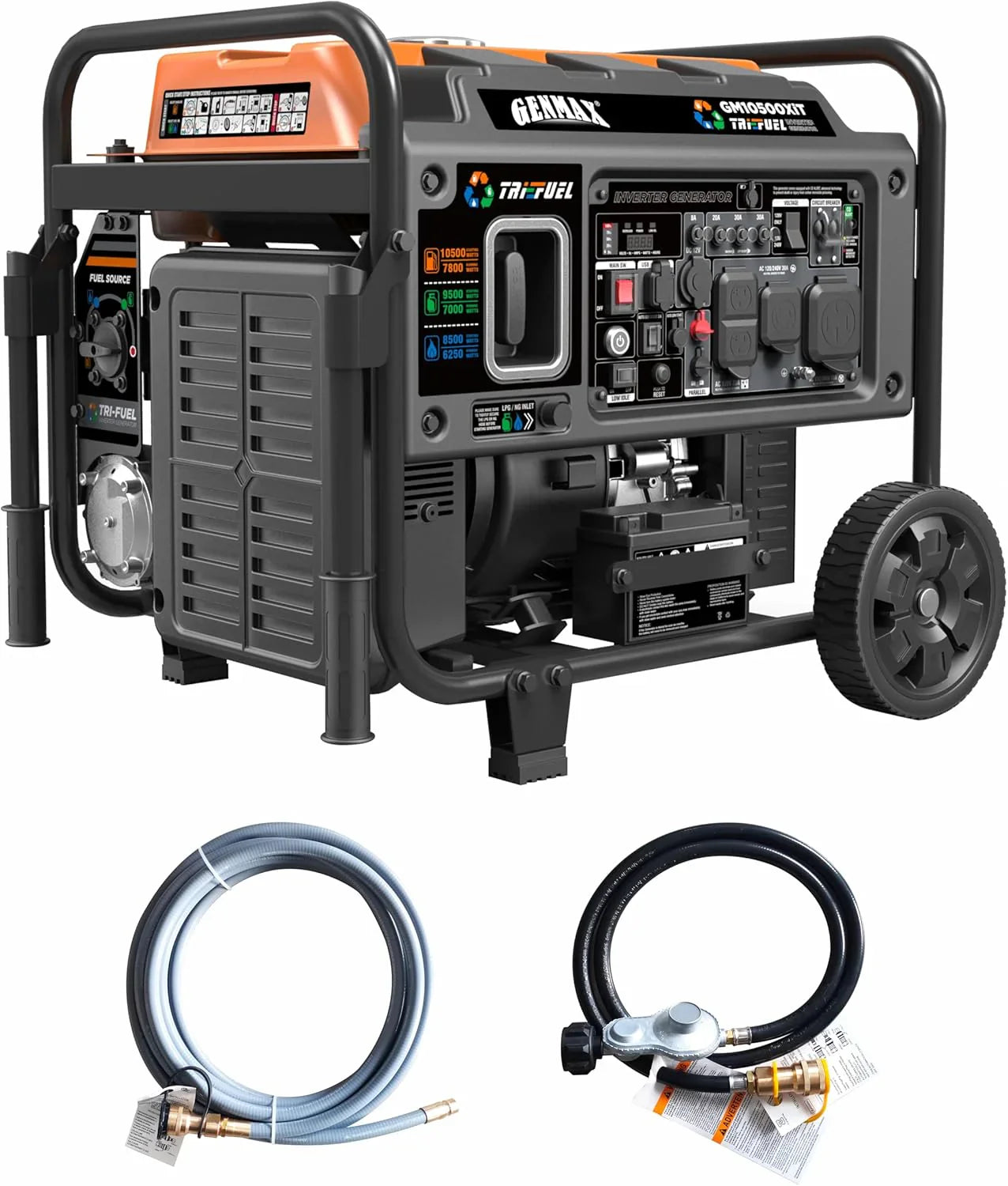 10500 Peak Watt Tri Fuel Open Frame Inverter Generator, With Ats, Quiet Technology, CO Sensor, Digital Display And 50A, Ideal For Home Backup